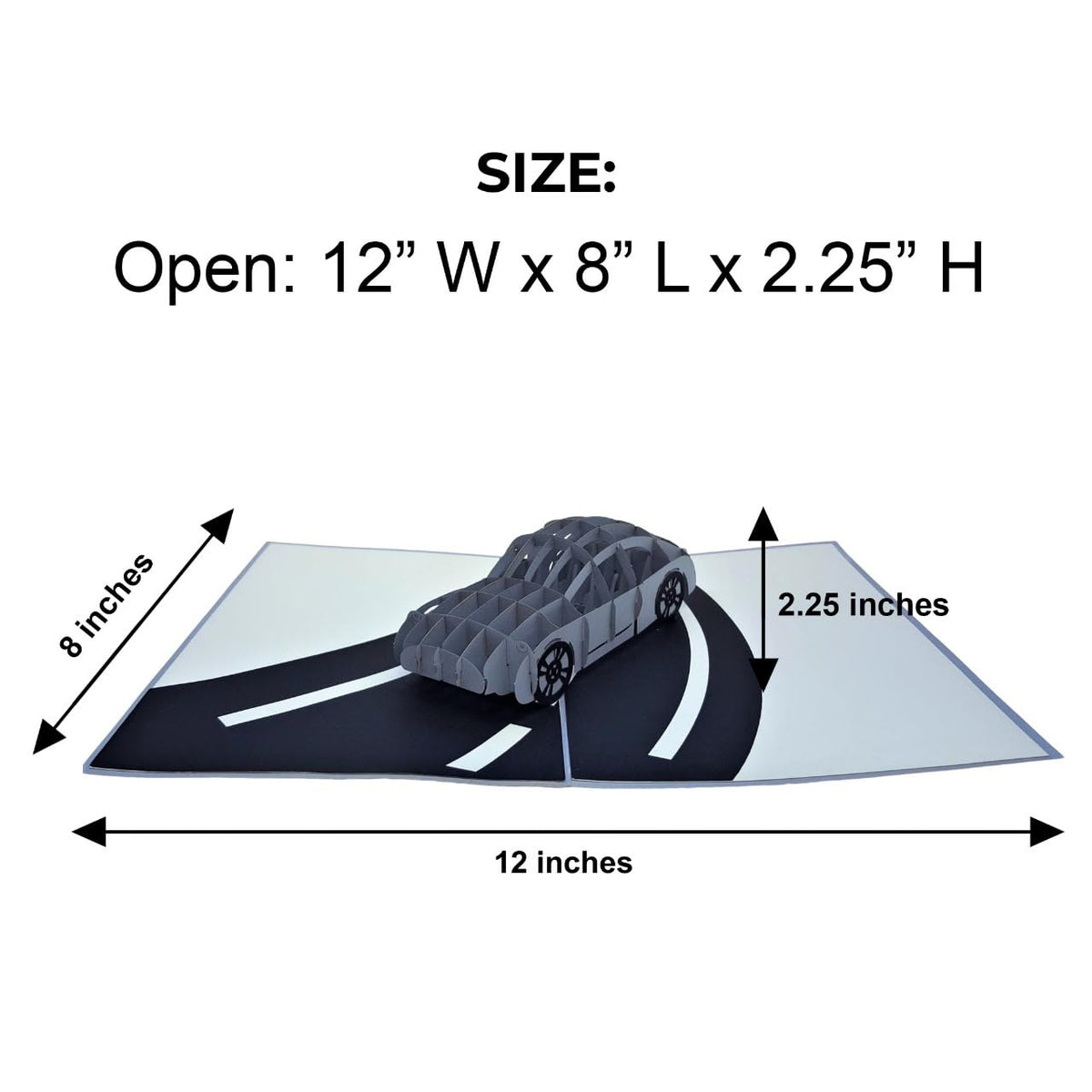 Open sports car 3D pop-up card showing 12 x 8 x 2.25 inch dimensions