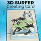 Open 3D surfer greeting card with layered tropical beach scene and palm trees