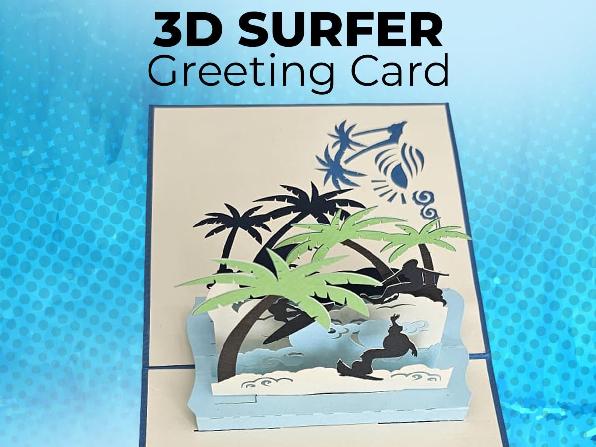 Open 3D surfer greeting card with layered tropical beach scene and palm trees