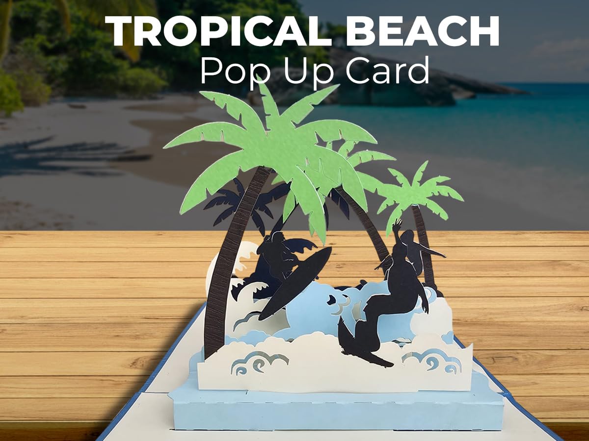 Tropical beach 3D pop-up card with surfers riding waves beneath green palm trees