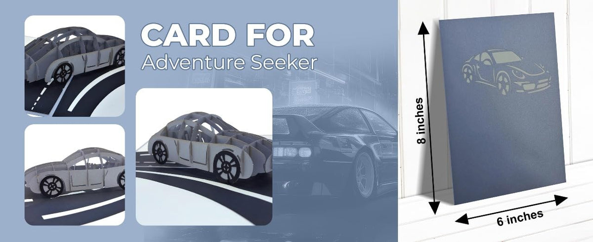 Sports car pop-up greeting card with gray car cover shown beside views of the 3D design