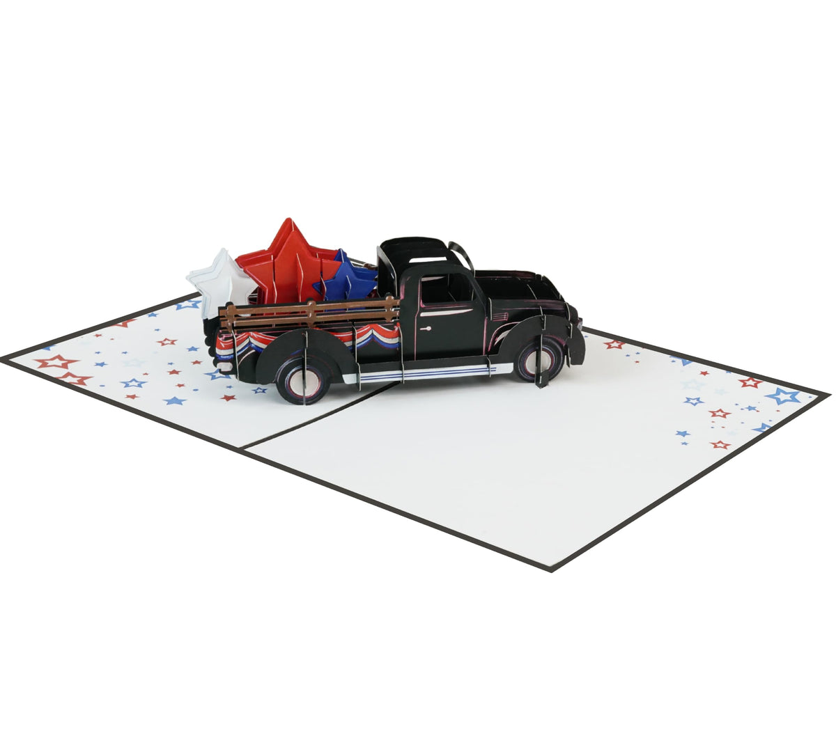 Side view of black classic truck 3D pop-up card carrying layered red, white and blue stars