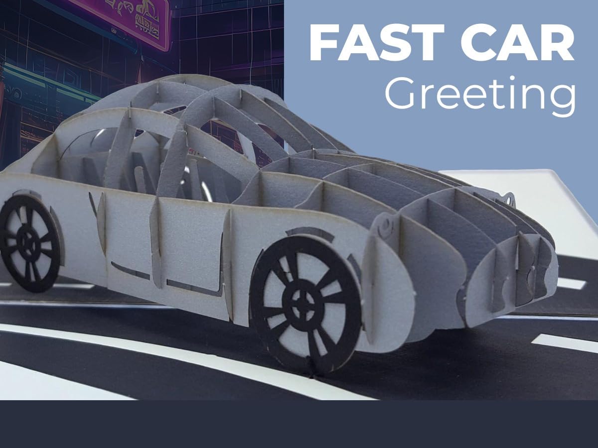 Gray sports car 3D greeting card shown on a roadway with layered paper construction