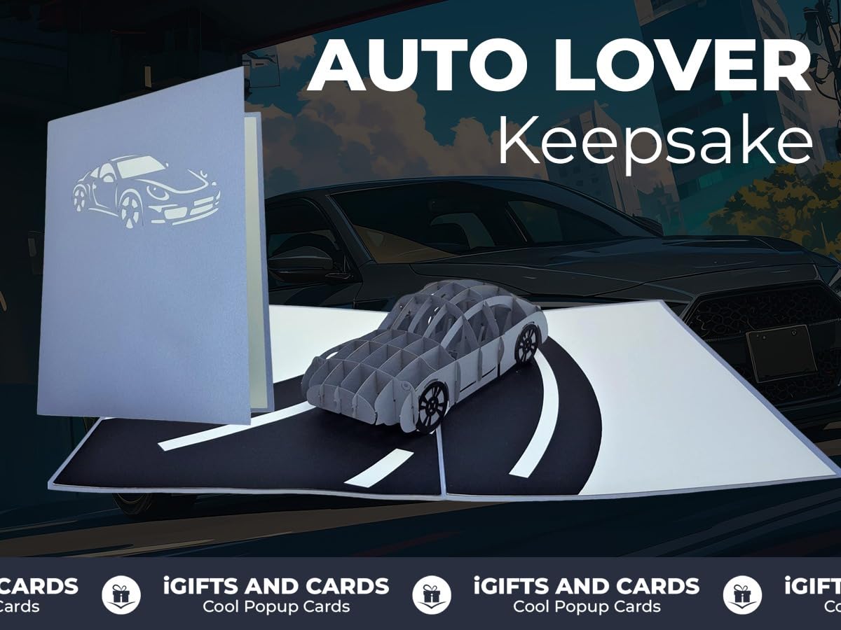 Gray sports car pop-up greeting card displayed open beside its matching car-design cover