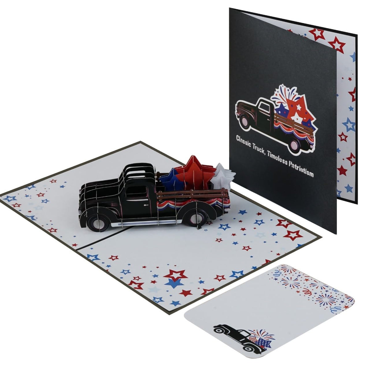 Open patriotic 3D truck card shown with black front cover and separate coordinating notecard