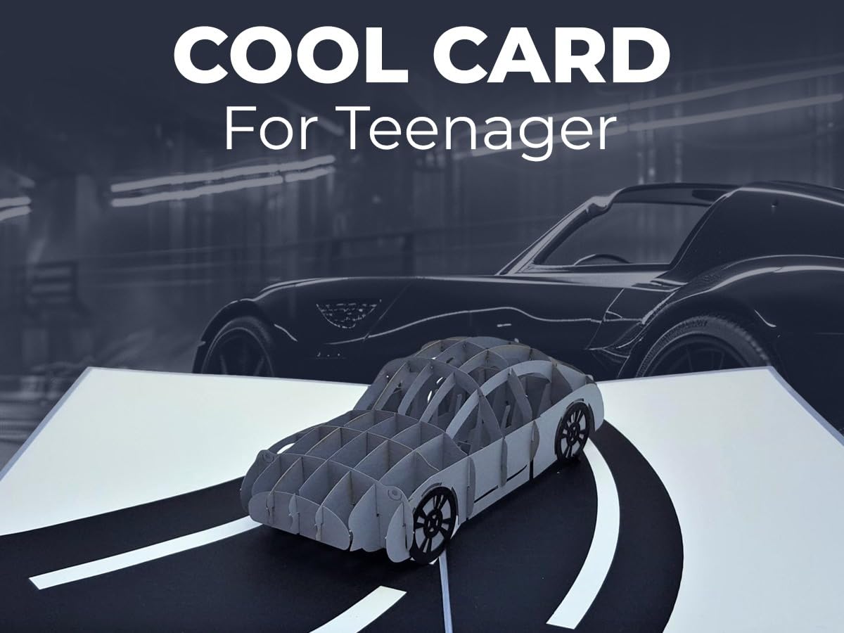 Sports car 3D pop-up card displayed open on a curved black-and-white roadway