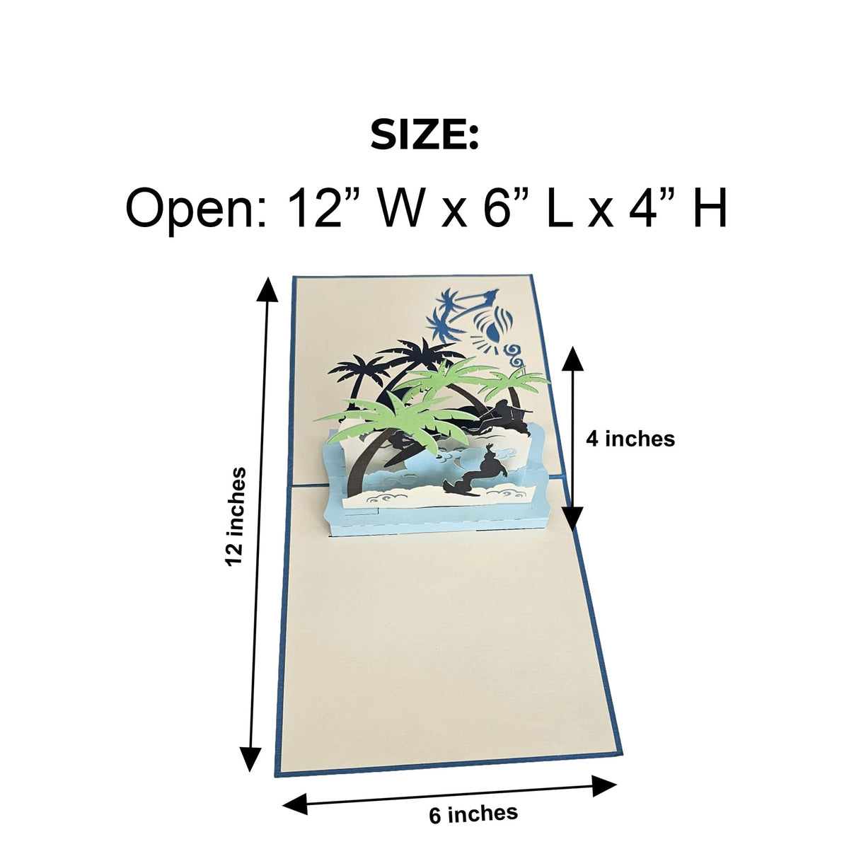 Open surfing pop-up card showing 12 by 6 inch layout and 4 inch pop-up height