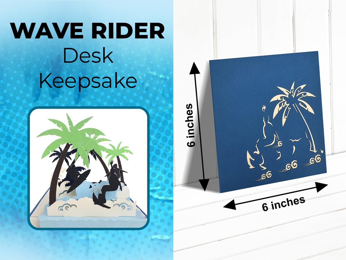 Blue surfing pop-up card with tropical palm trees, waves and surfer silhouettes