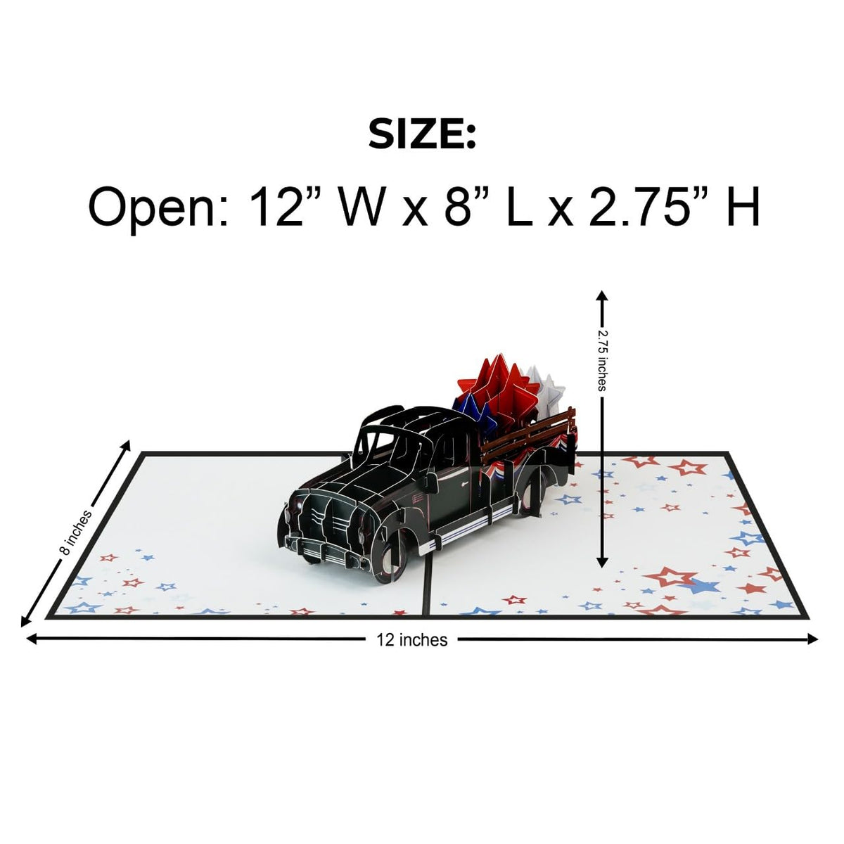 Patriotic classic truck pop-up card open to 12 x 8 inches with 2.75-inch pop-up height