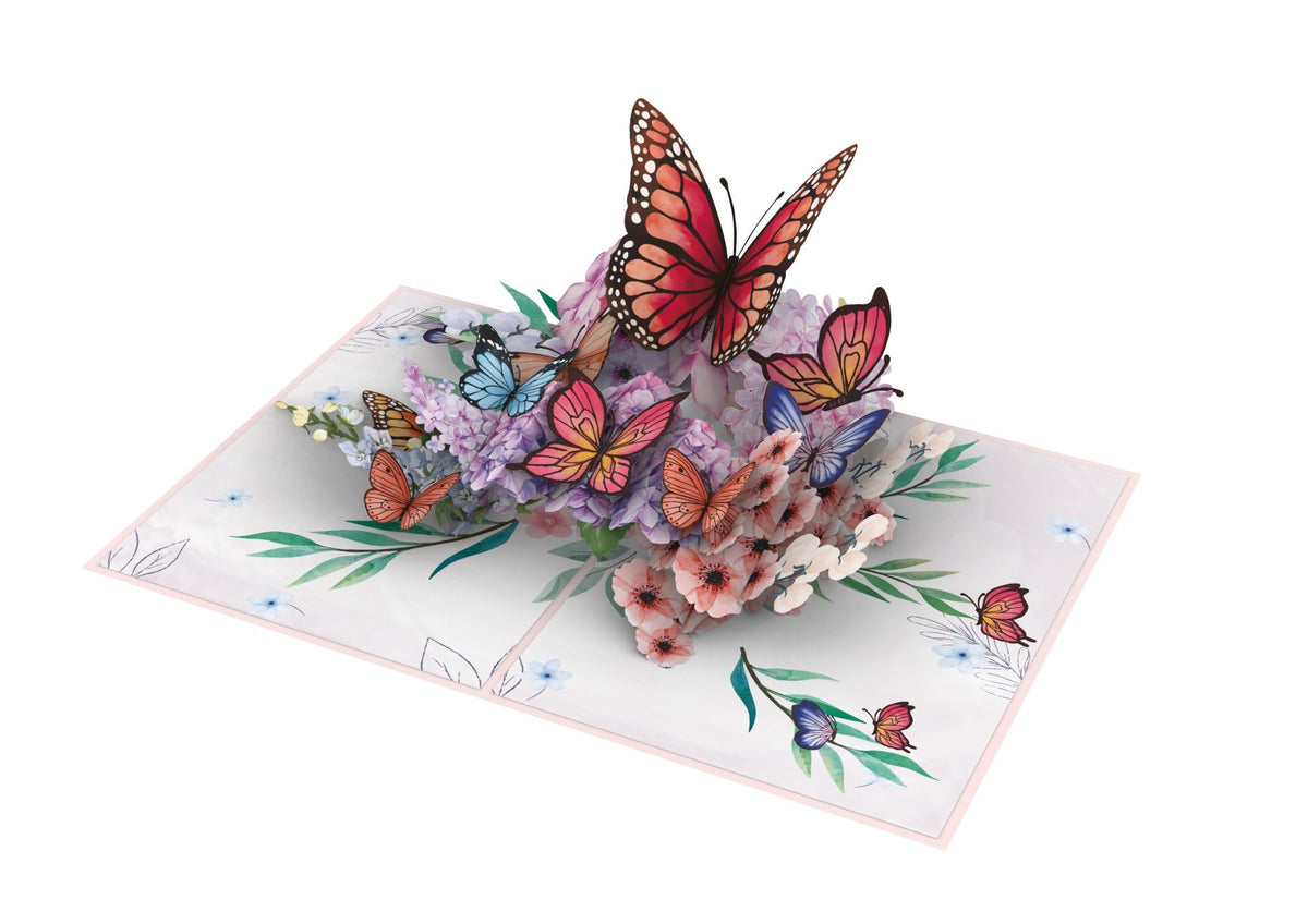 Open butterfly and floral 3D greeting card with dimensional paper butterflies and garden design