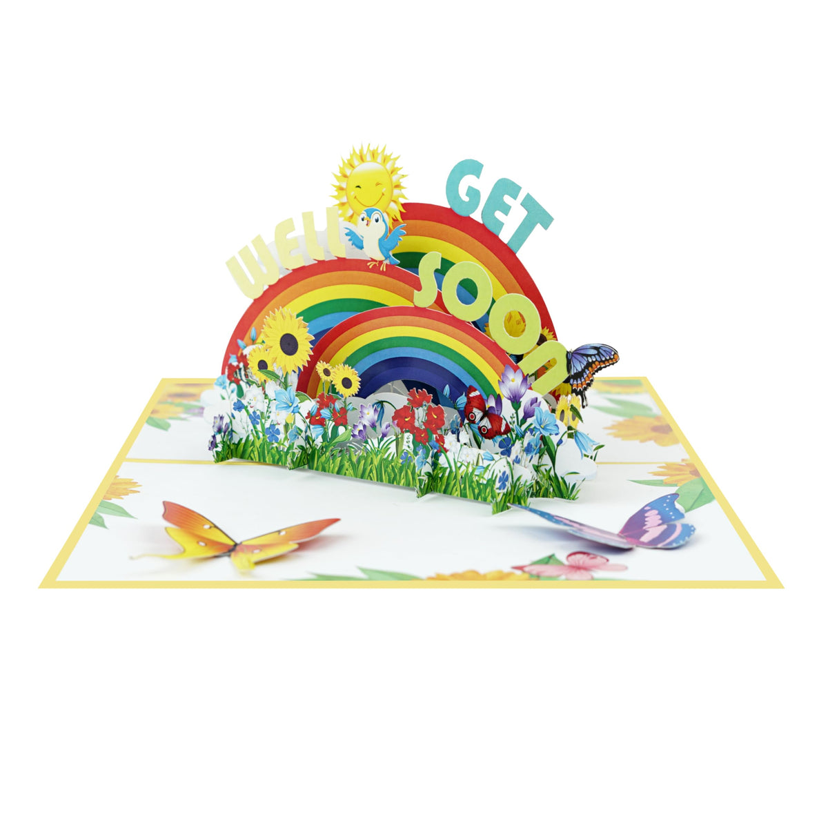 Colorful 3D get well soon card with layered rainbows, flower garden, smiling sun, bird, and butterflies