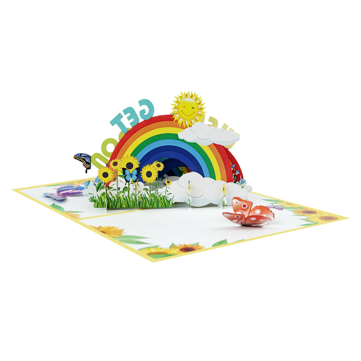 Open 3D get well soon card with layered rainbow, smiling sun, clouds, flowers, and butterflies