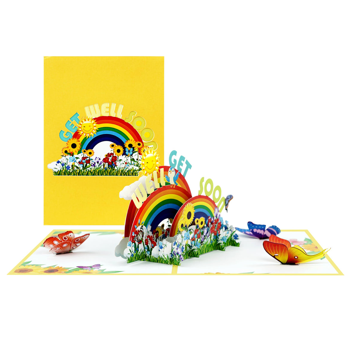Closed and open views of yellow get well soon 3D pop-up card with rainbow and floral design