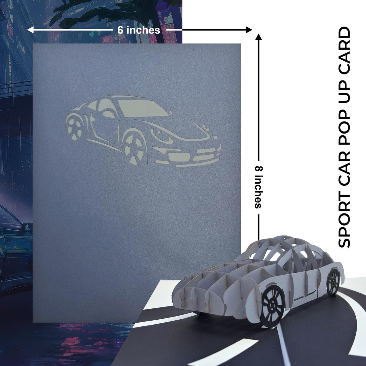 Gray sports car pop-up card cover and open 3D car design shown with 6 x 8 inch closed size