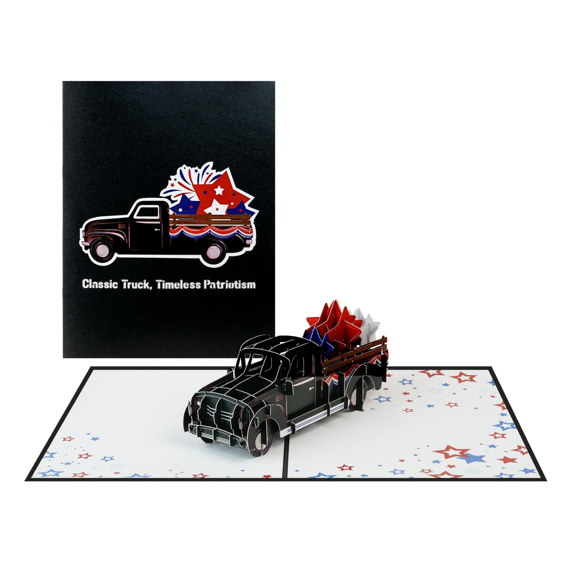 Black cover reading Classic Truck, Timeless Patriotism beside the open patriotic truck 3D card