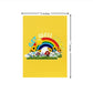 Yellow get well soon pop-up card closed with rainbow, sunshine, flowers, and butterflies