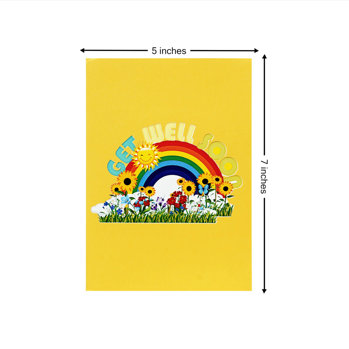 Yellow get well soon pop-up card closed with rainbow, sunshine, flowers, and butterflies