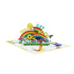 Front view of get well soon 3D pop-up card with colorful rainbows, flowers, sunshine, bird, and butterflies