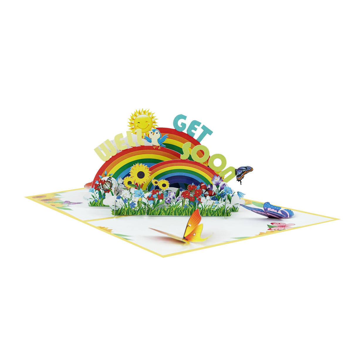 Front view of get well soon 3D pop-up card with colorful rainbows, flowers, sunshine, bird, and butterflies