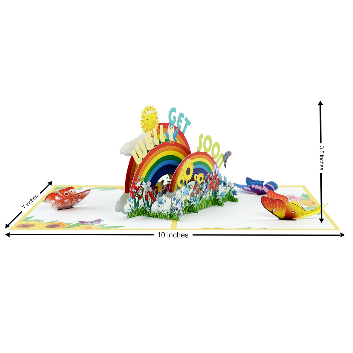 Open get well soon pop-up greeting card showing 10 x 7 inch base and 3.5 inch tall rainbow display