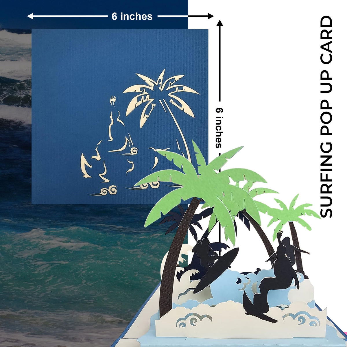 Surfing 3D pop-up card shown open with layered surfers, waves and tropical palm trees