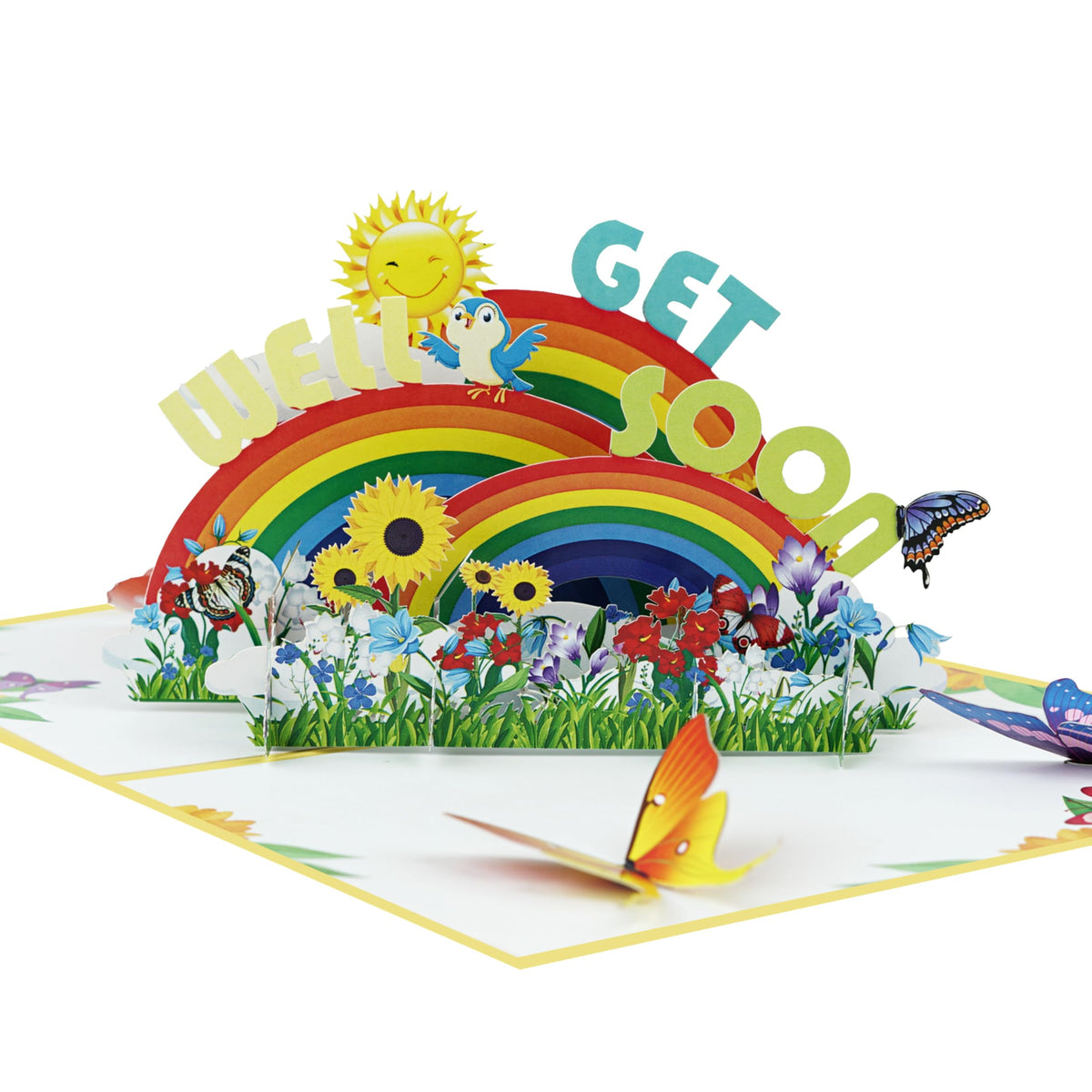 Close-up of get well soon pop-up card featuring layered rainbows, sunflowers, colorful flowers, bird, and butterflies