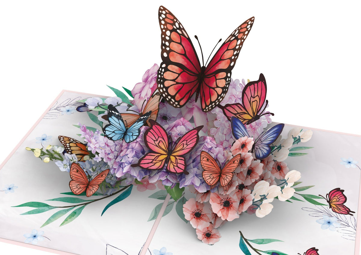 Close-up of colorful butterflies rising above layered purple, pink and white flowers on 3D pop-up card
