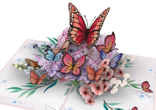 Close-up of colorful butterflies rising above layered purple, pink and white flowers on 3D pop-up card