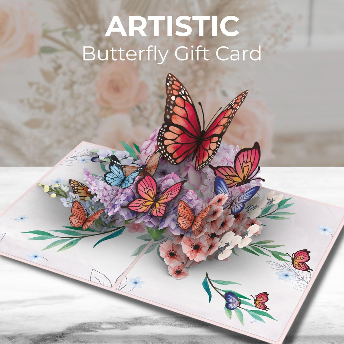 Artistic butterfly 3D pop-up greeting card with colorful butterflies surrounded by layered flowers and greenery