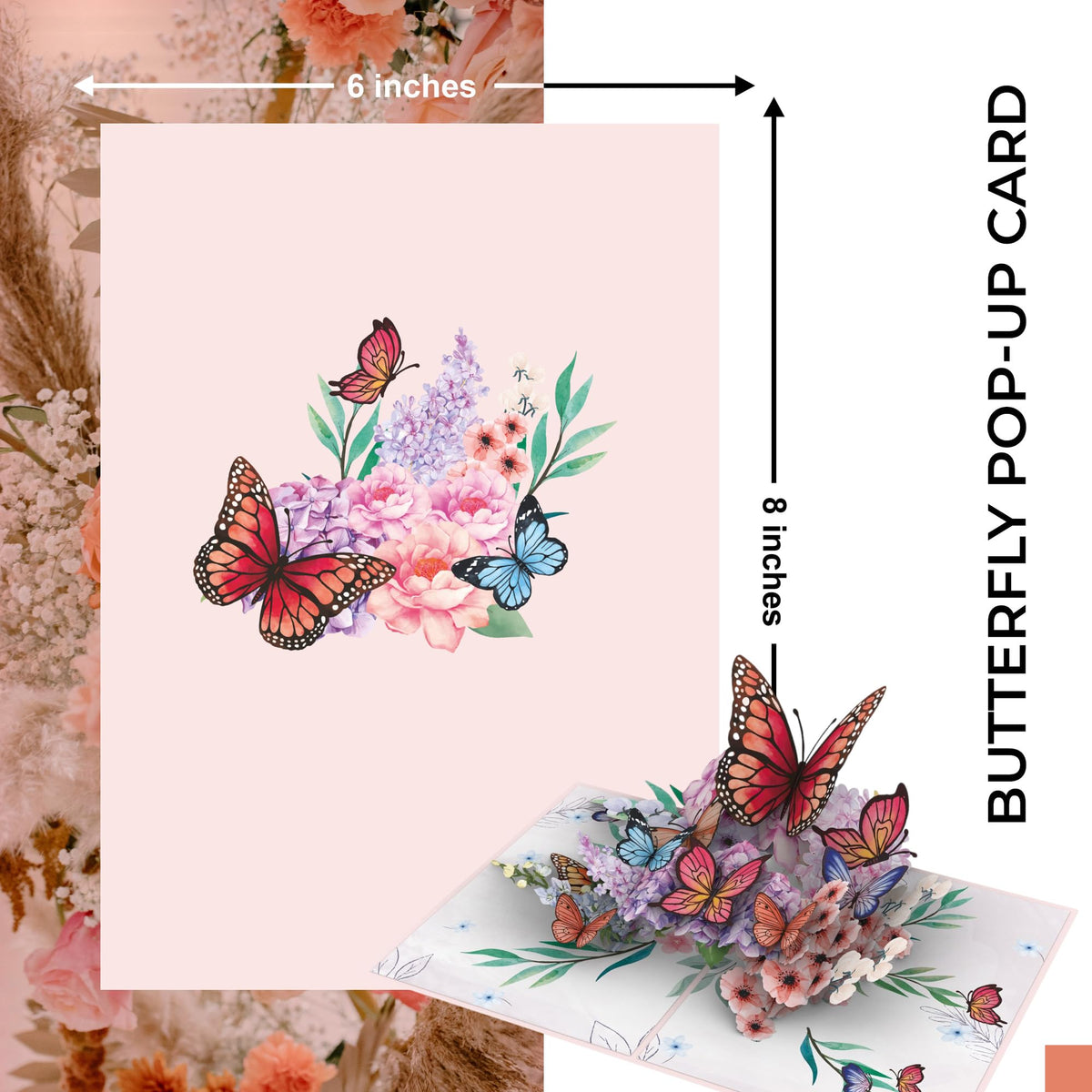 Pink butterfly 3D pop-up greeting card shown closed and open with colorful floral garden design