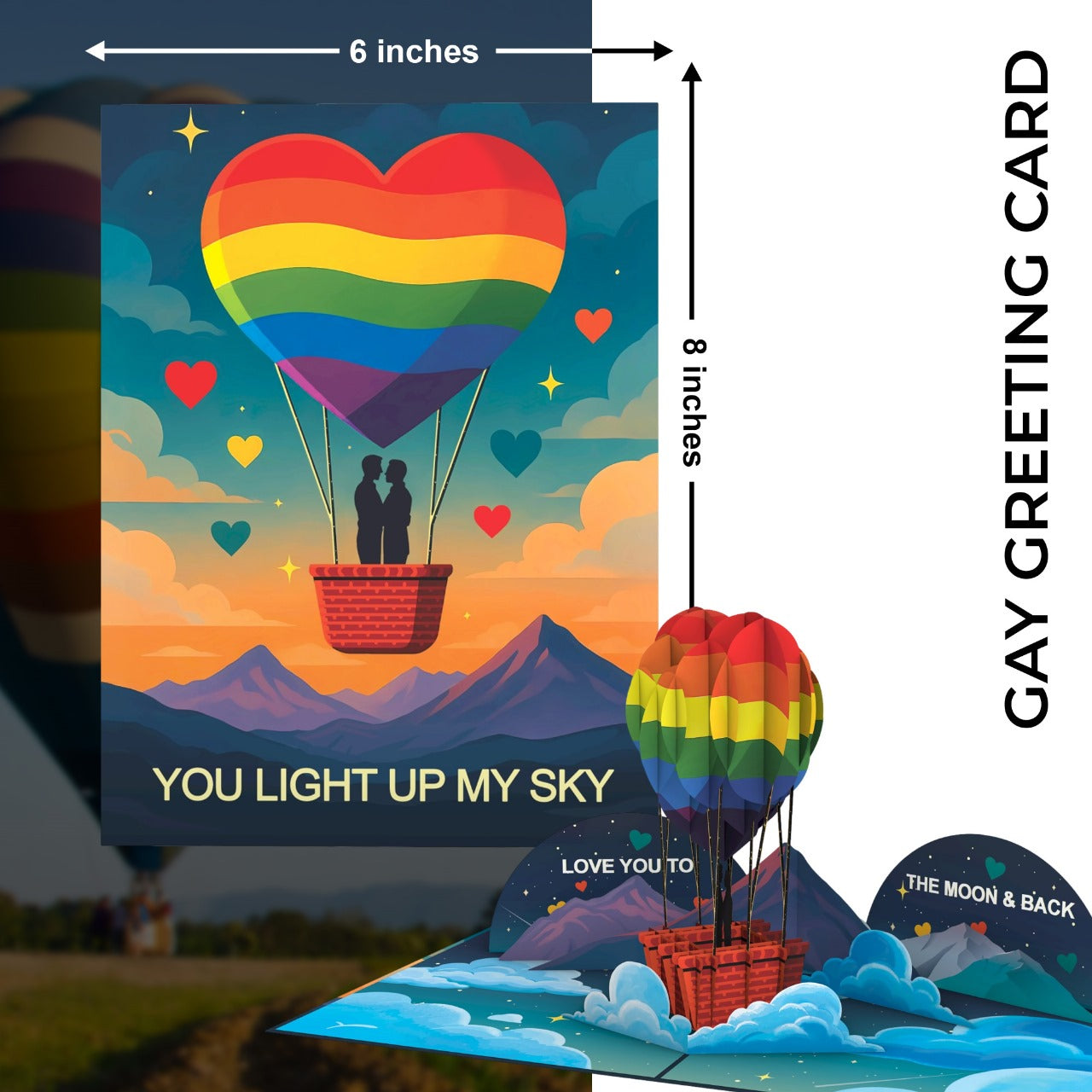 Gay Couple Hot Air Balloon 3D Pop-Up Card – LGBTQ+ Romantic Greeting Card for Anniversary, Engagement, Pride & Valentine’s Day