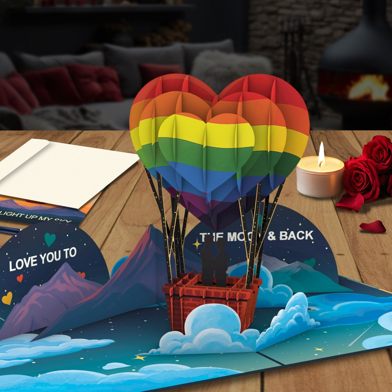 Gay Couple Hot Air Balloon 3D Pop-Up Card – LGBTQ+ Romantic Greeting Card for Anniversary, Engagement, Pride & Valentine’s Day