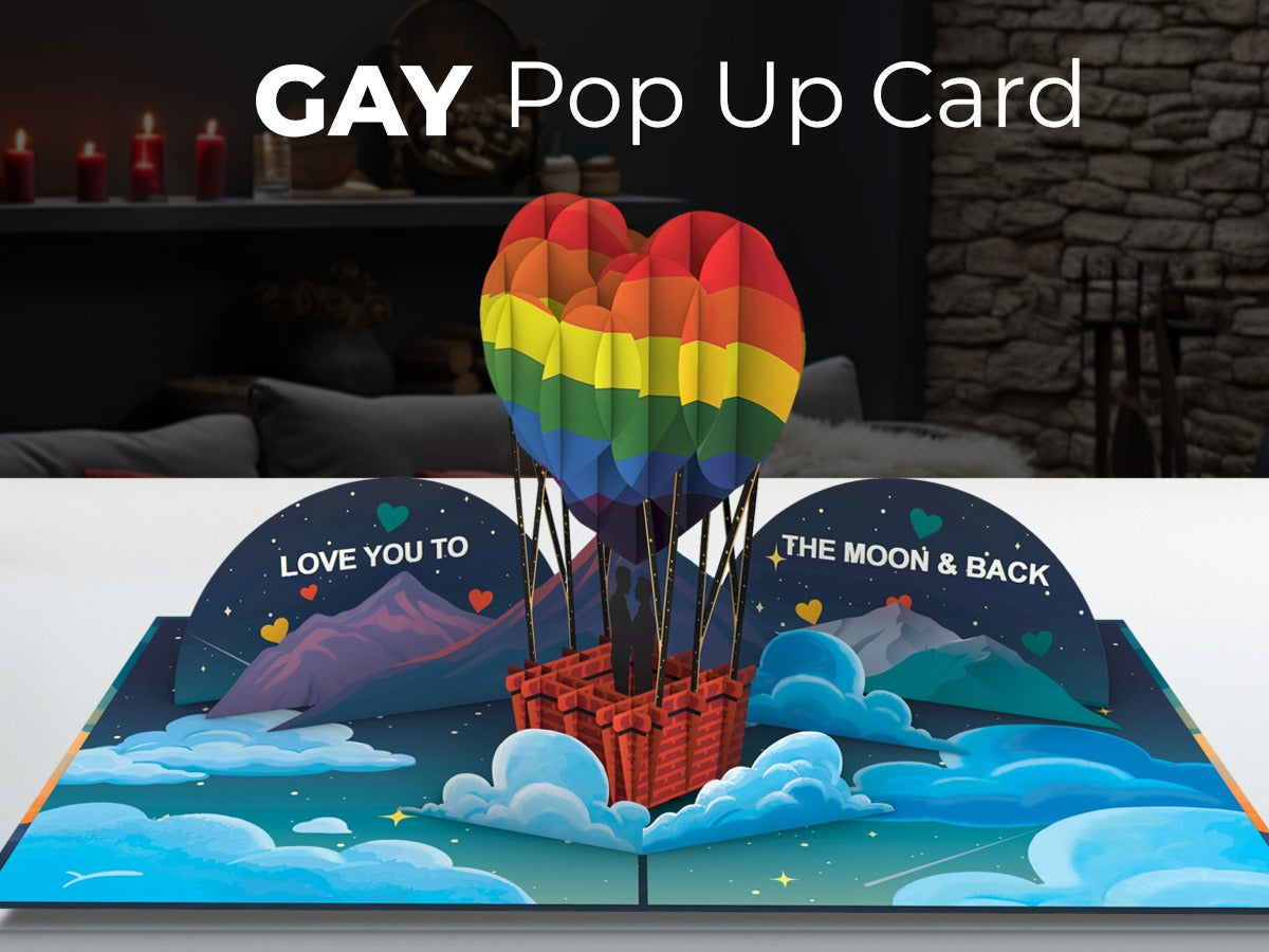 Gay Couple Hot Air Balloon 3D Pop-Up Card – LGBTQ+ Romantic Greeting Card for Anniversary, Engagement, Pride & Valentine’s Day
