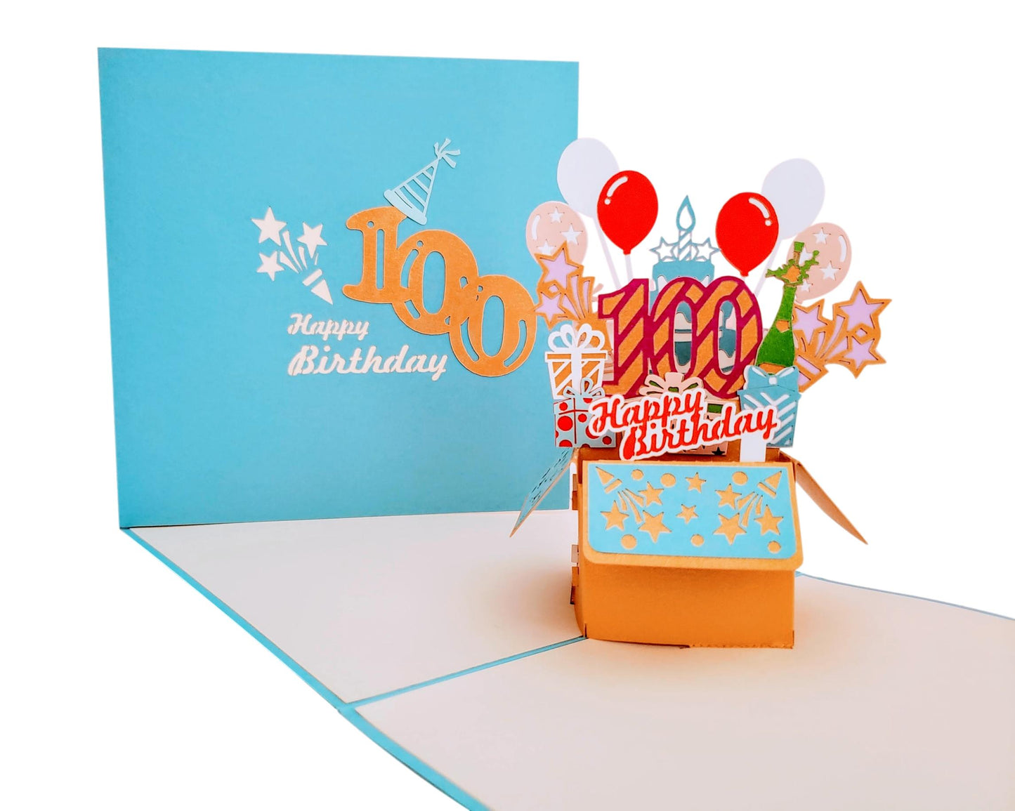 Happy 100th Birthday Blue Party Box 3D Pop Up Greeting Card - Birthday - Fun - Milestone - Special D - iGifts And Cards