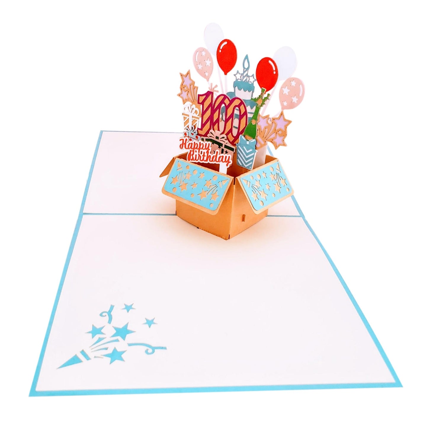 Happy 100th Birthday Blue Party Box 3D Pop Up Greeting Card - Birthday - Fun - Milestone - Special D - iGifts And Cards