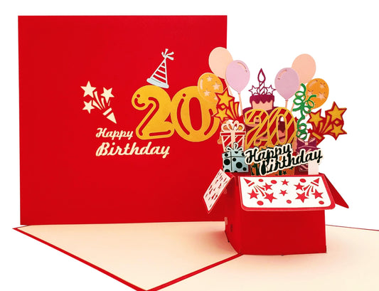 Happy 20th Birthday Red Party Box 3D Pop Up Greeting Card - Birthday - Fun - Milestone - Special Day - iGifts And Cards