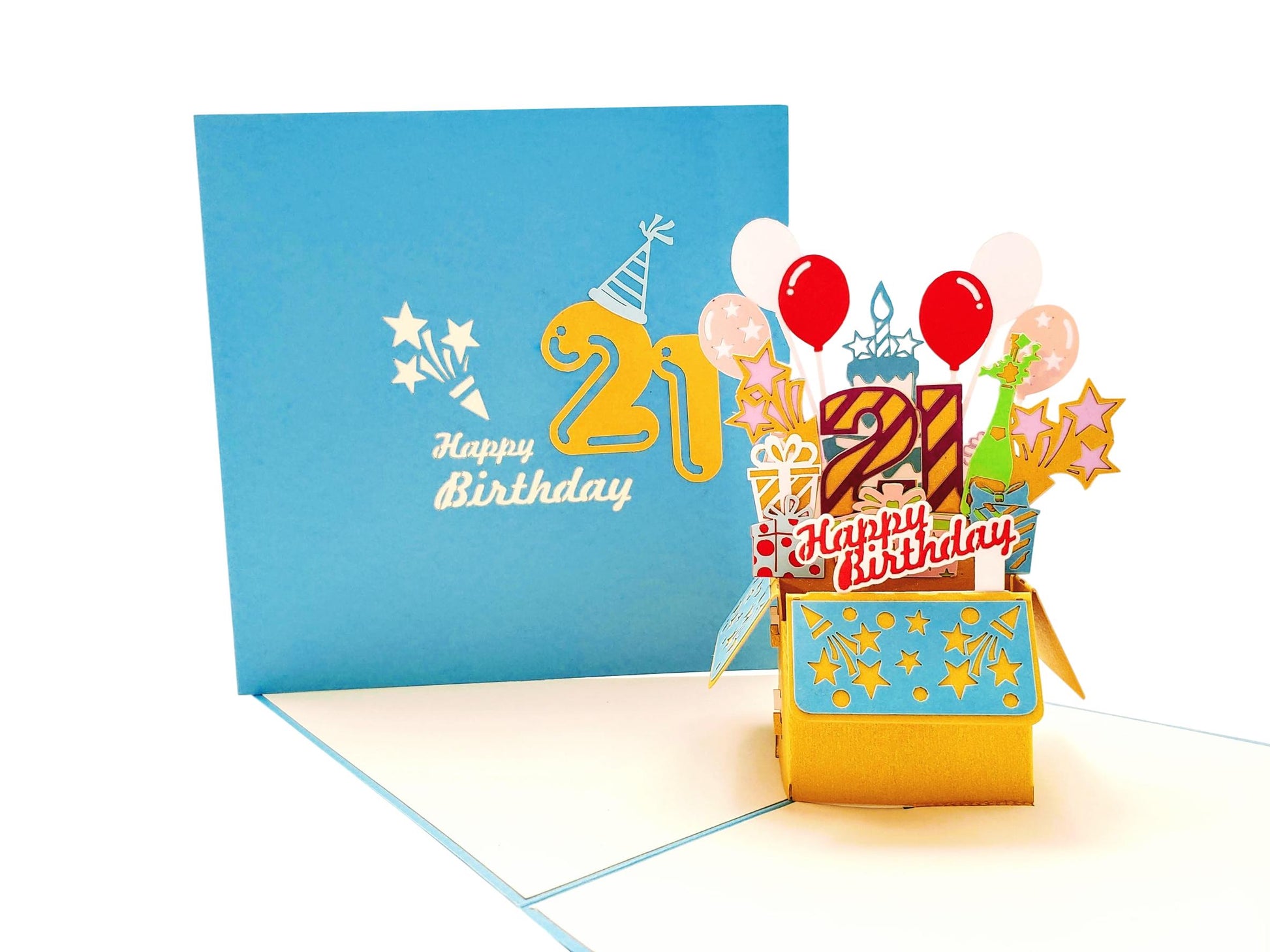 21st Blue Party Box 3D Pop Up Greeting Card - Awesome - Balloons - best wishes - Birthday - Brighten - iGifts And Cards