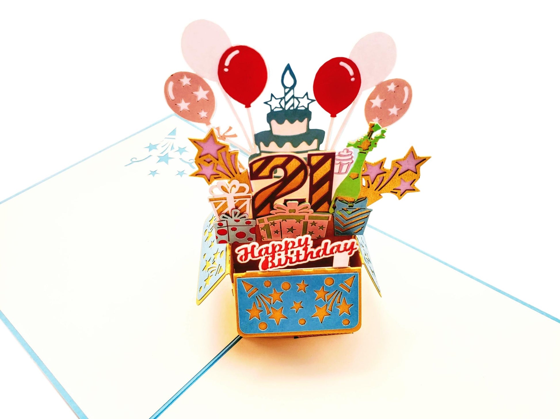 21st Blue Party Box 3D Pop Up Greeting Card - Awesome - Balloons - best wishes - Birthday - Brighten - iGifts And Cards