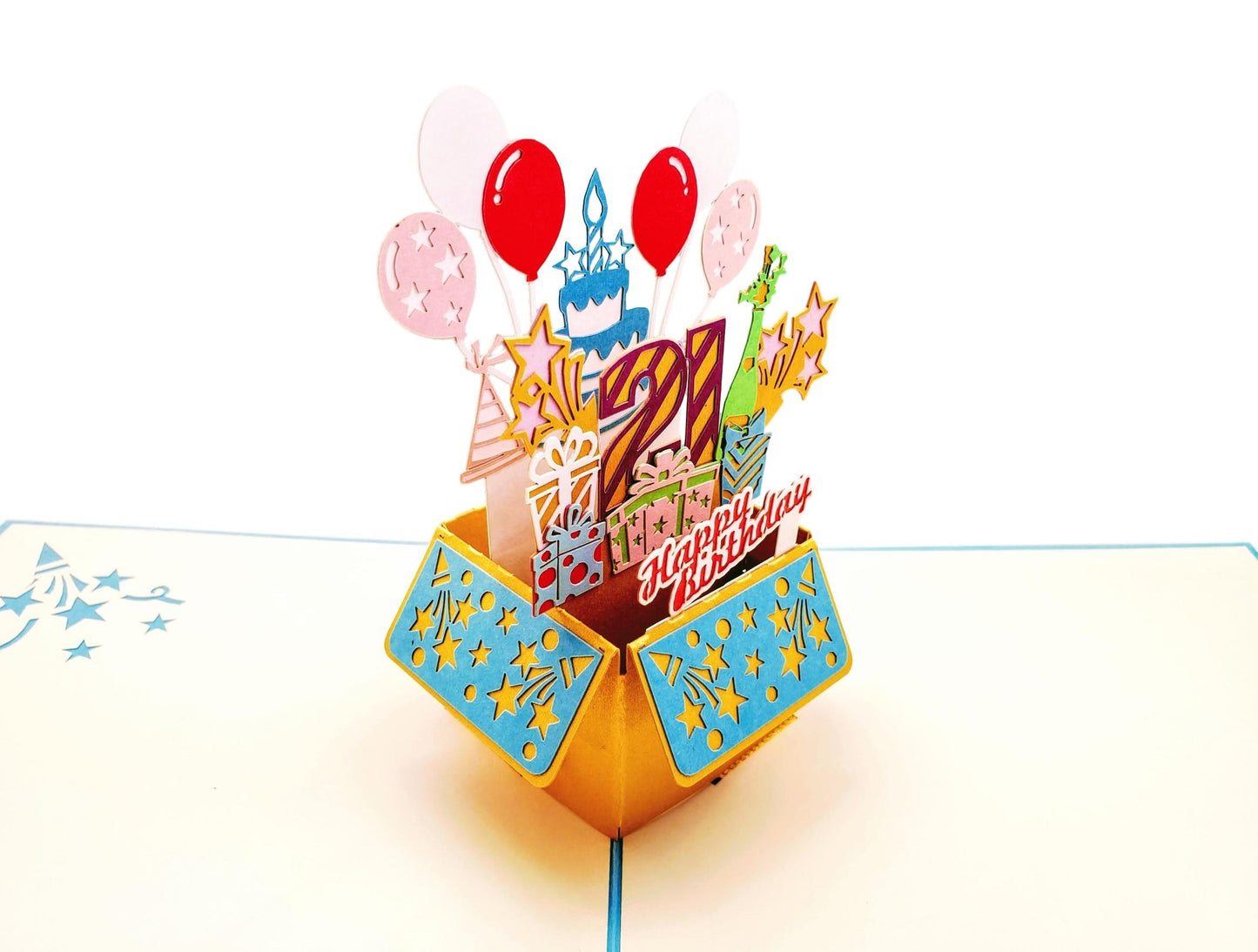 21st Blue Party Box 3D Pop Up Greeting Card - Awesome - Balloons - best wishes - Birthday - Brighten - iGifts And Cards