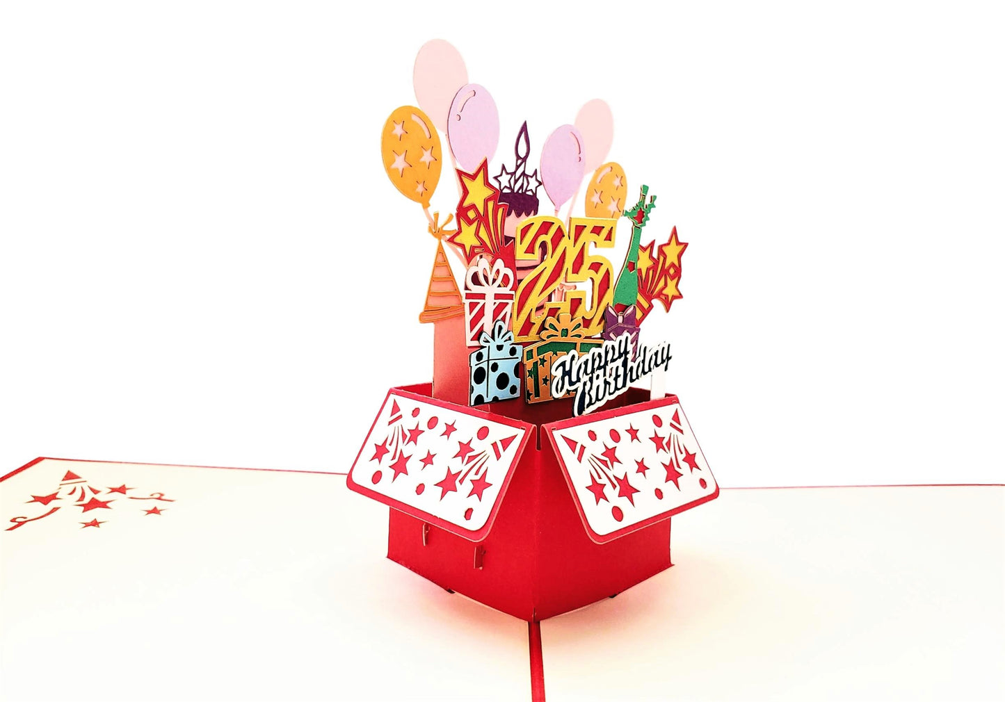 25th Red Party Box 3D Pop Up Greeting Card - Awesome - Balloons - best wishes - Birthday - Brighten - iGifts And Cards