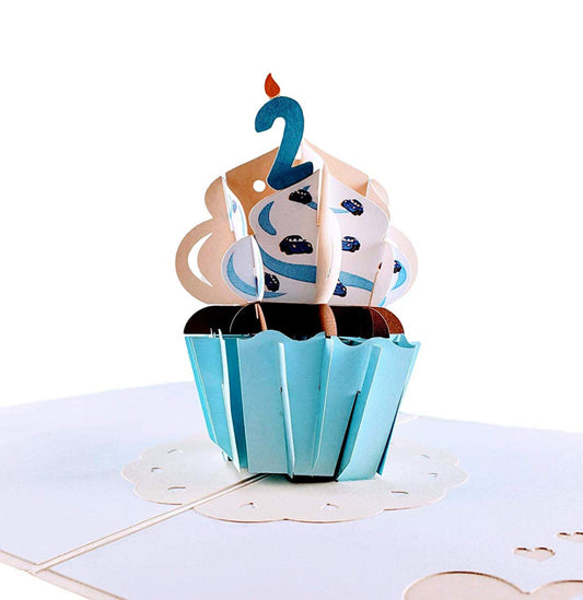 2nd Birthday Blue Car Cupcake 3D Pop Up Greeting Card - Birthday - iGifts And Cards