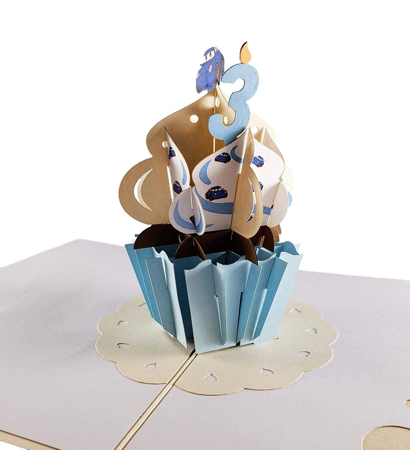 3rd Birthday Blue Cars Cupcake 3D Pop Up Greeting Card - Birthday - iGifts And Cards