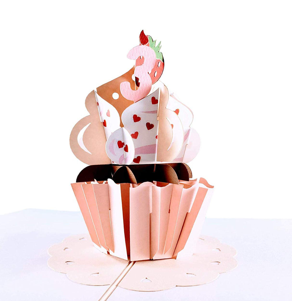 3rd Birthday Strawberry Cupcake 3D Pop Up Greeting Card - Birthday - iGifts And Cards
