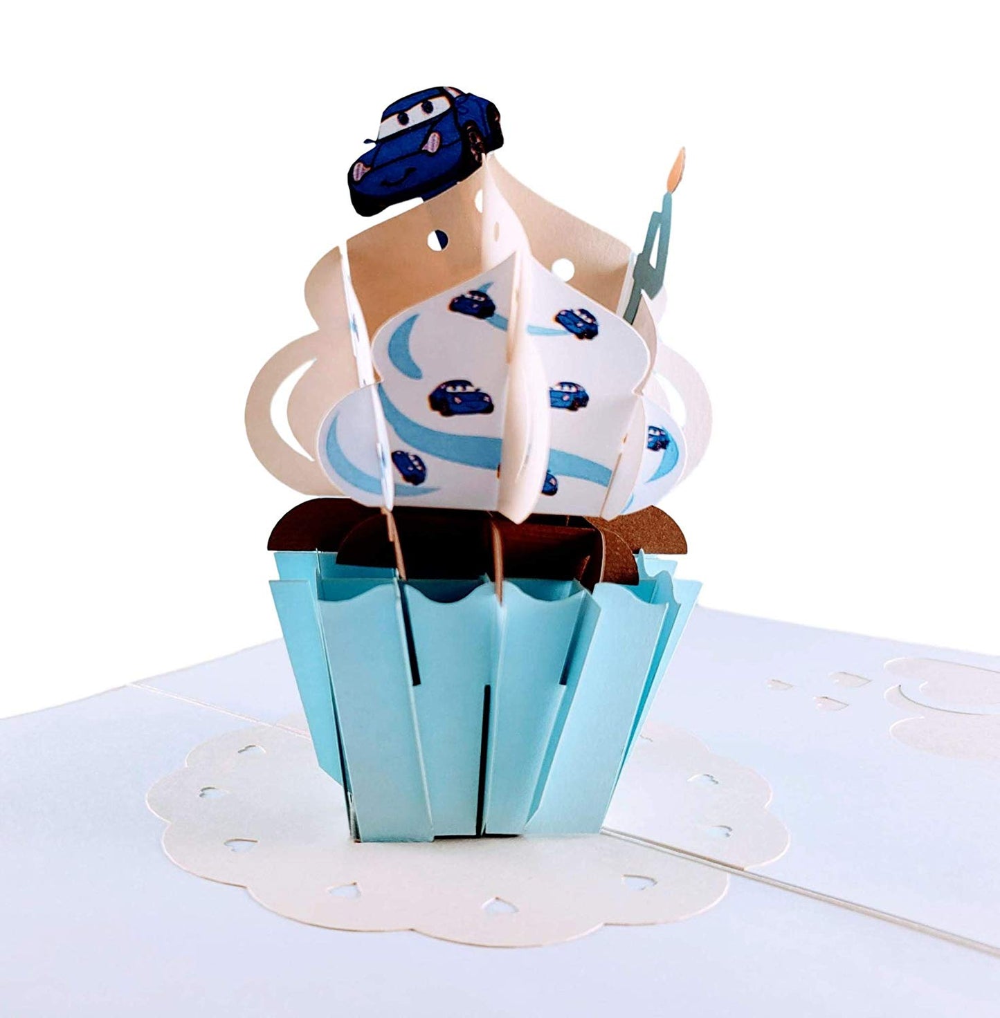 4th Birthday Blue Cars Cupcake 3D Pop Up Greeting Card - Birthday - iGifts And Cards