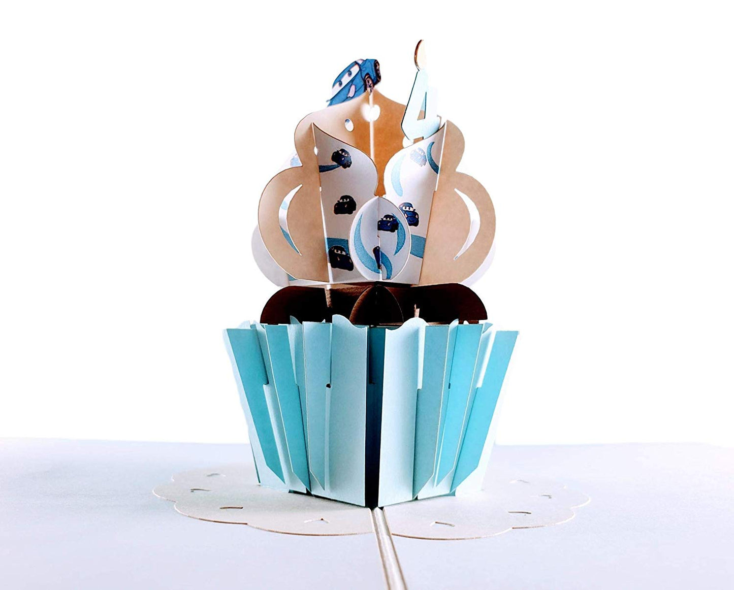 4th Birthday Blue Cars Cupcake 3D Pop Up Greeting Card - Birthday - iGifts And Cards