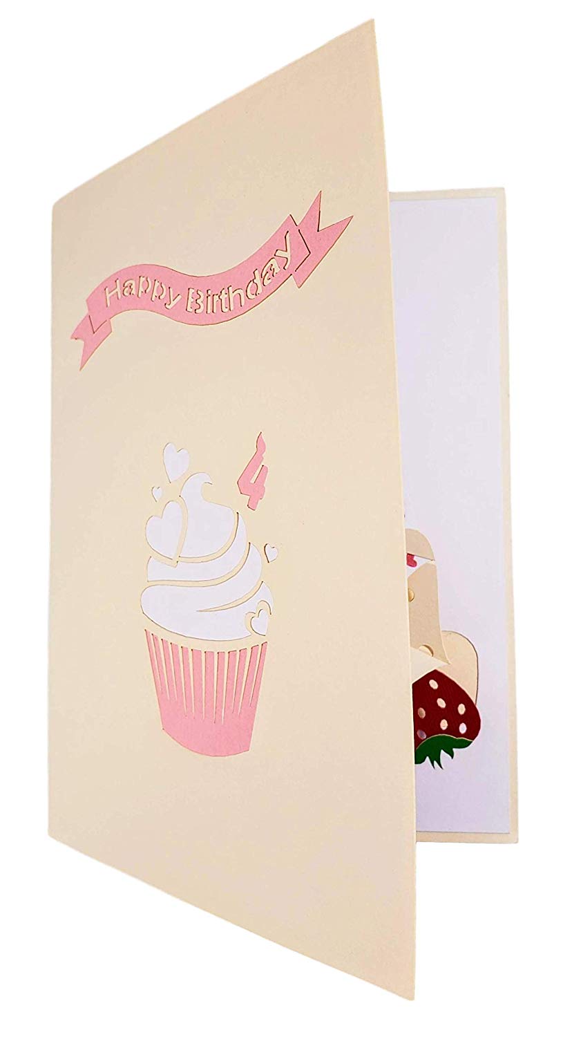 4th Birthday Pink Hearts Cupcake 3D Pop Up Greeting Card - Birthday - iGifts And Cards
