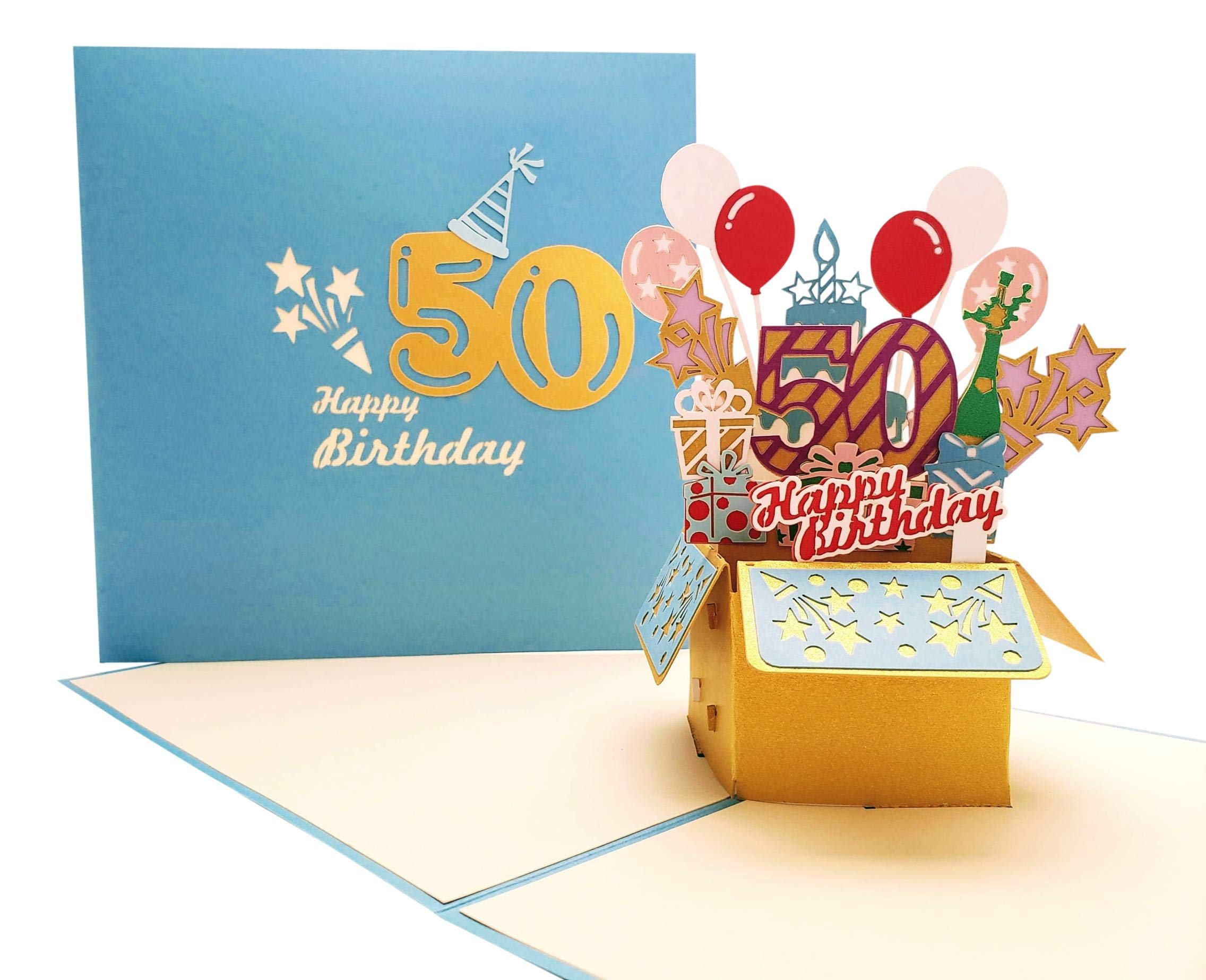 Happy 50th Blue Birthday Party Box 3D Pop Up Greeting Card