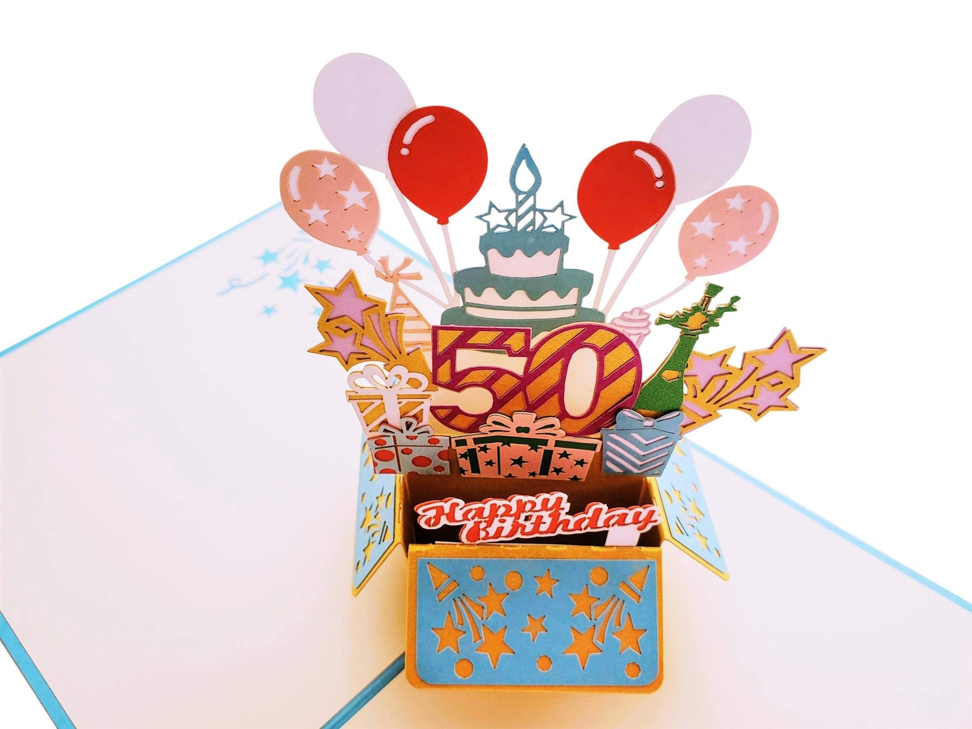 Happy 50th Blue Birthday Party Box 3D Pop Up Greeting Card - Balloons - best wishes - Birthday - Bri - iGifts And Cards
