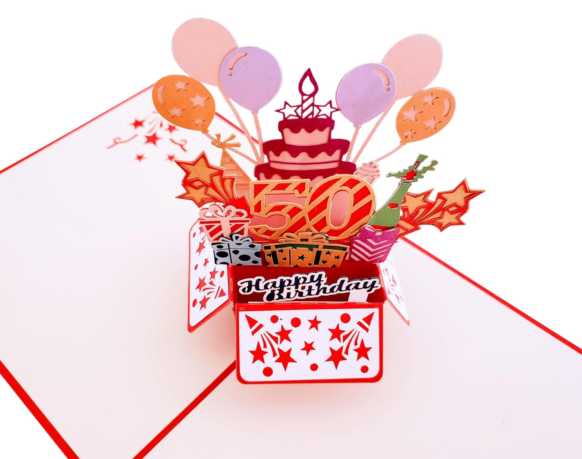 Happy 50th Birthday Red Party Box 3D Pop Up Greeting Card - Birthday - Fun - Milestone - Special Day - iGifts And Cards