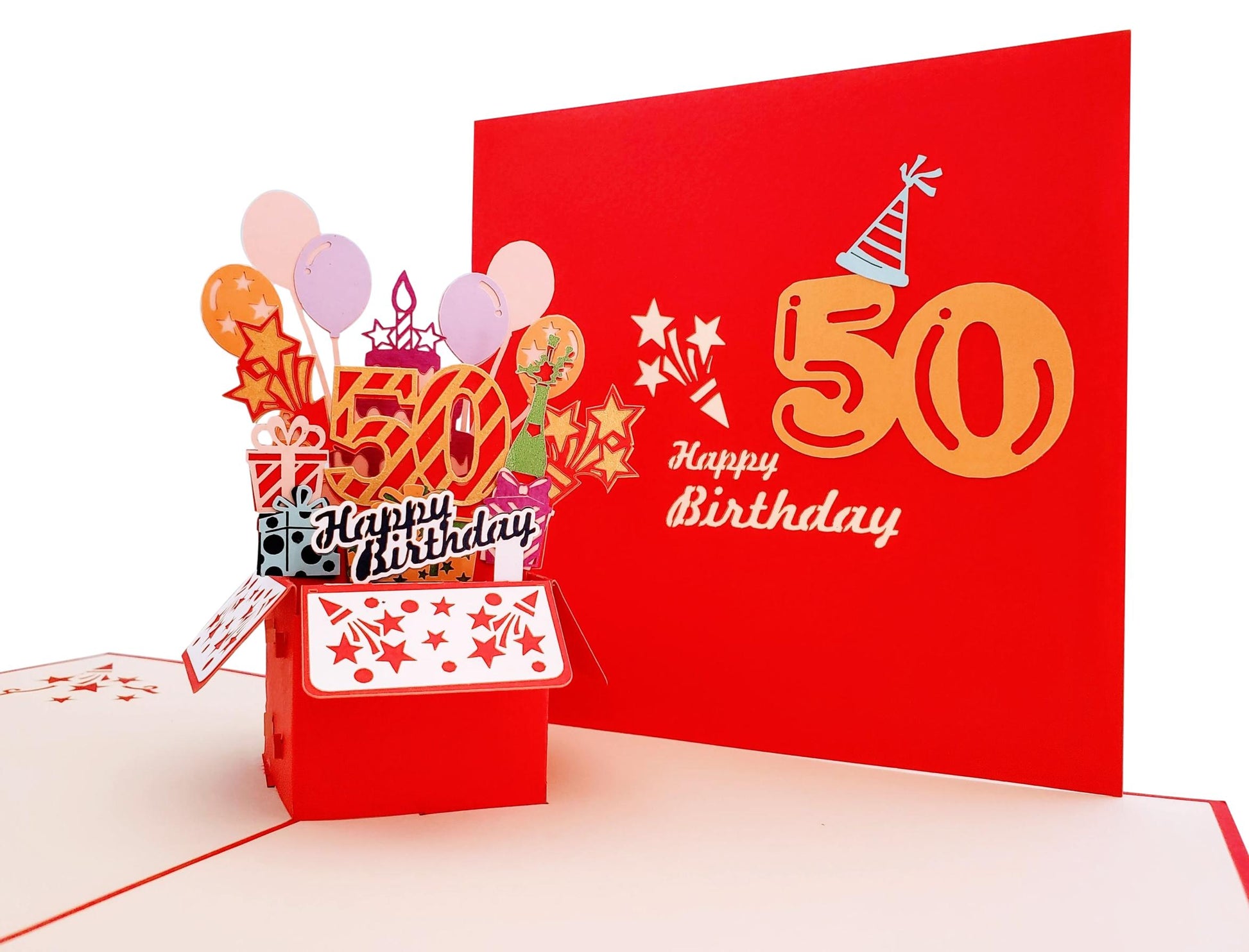 Happy 50th Birthday Red Party Box 3D Pop Up Greeting Card - Birthday - Fun - Milestone - Special Day - iGifts And Cards